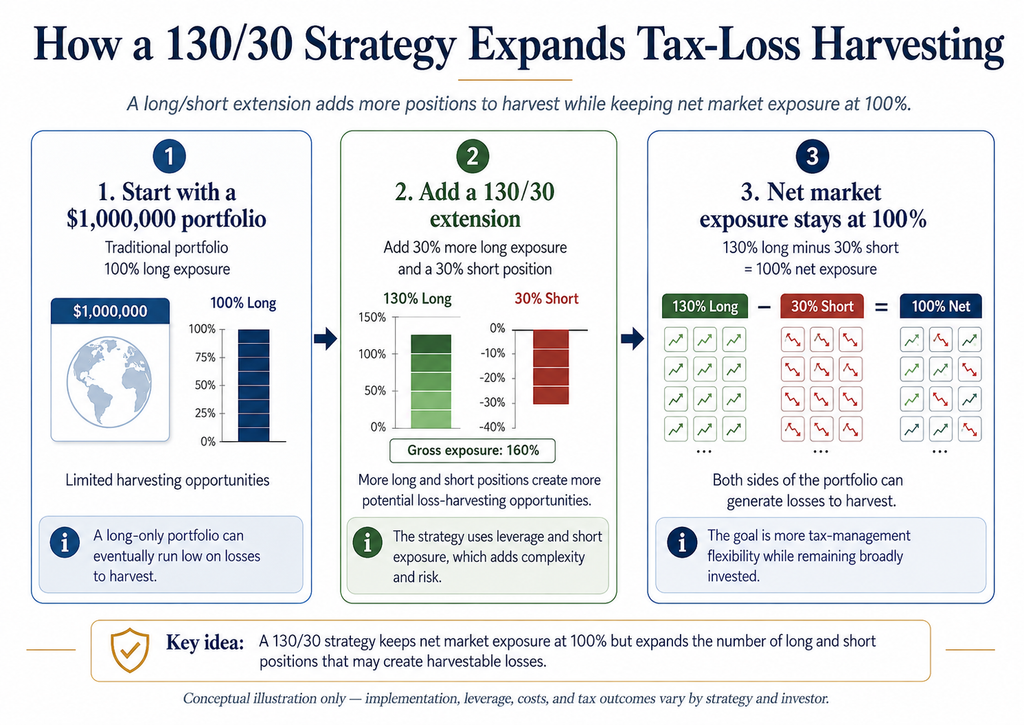 How a 130/30 Strategy Expands Tax-Loss Harvesting - a long/short extension adds more positions to harvest while keeping net market exposure at 100%