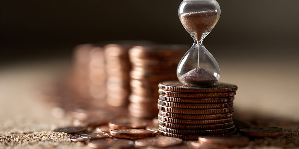 Time is money with hourglass and coins, representing financial planning and investment strategies for the future.